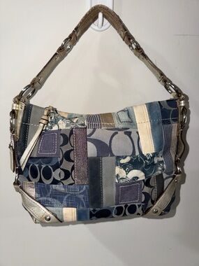 Rare Y2K Coach Patchwork Shoulder Bag in Blue, Cream and Silver detail